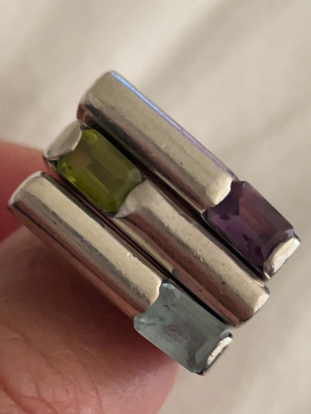 Multi-Gemstone 3-stack Ring with Peridot, Amethyst, and Aquamarine
